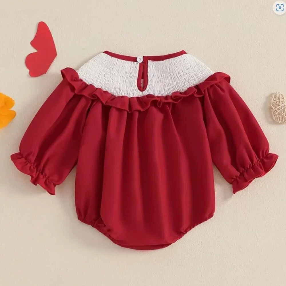 Valentine's Day Embroidered Smocked 'I Love You' Baby Girls Romper Jumpsuit